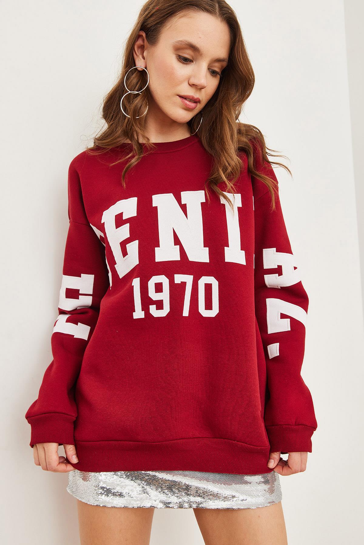 Kabartma Baskılı Oversize Şardonlu Sweatshirt Bordo