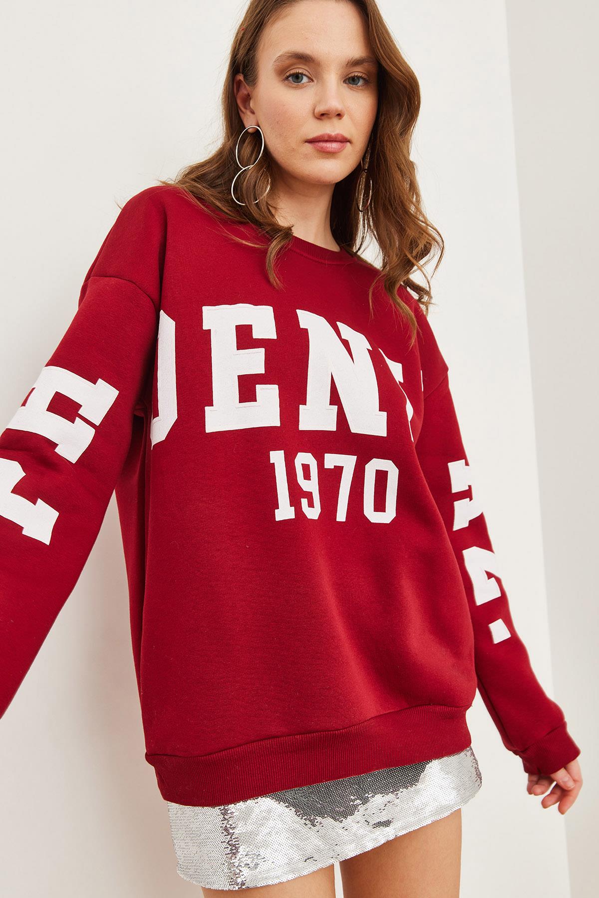 Kabartma Baskılı Oversize Şardonlu Sweatshirt Bordo