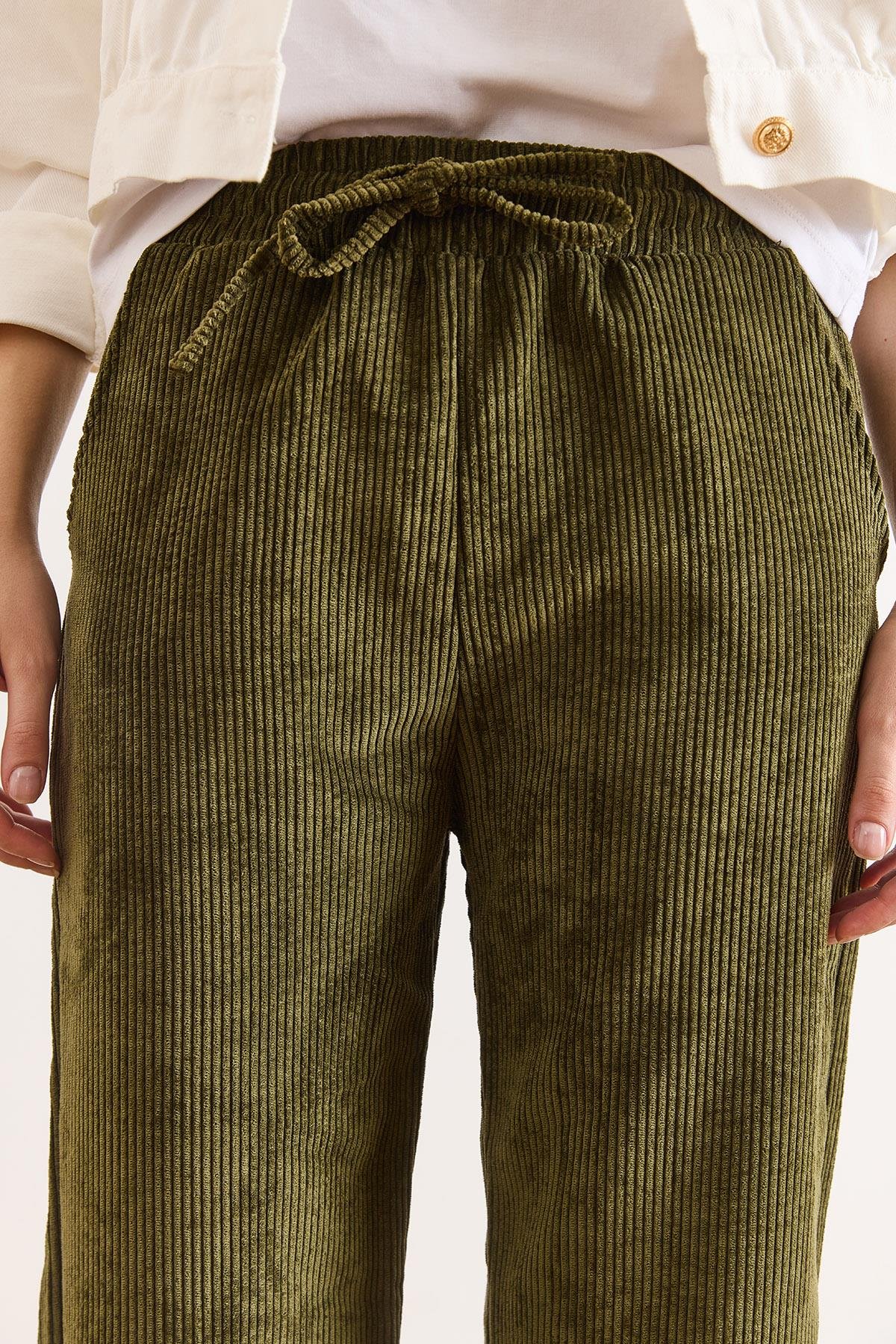 Kadife Cepli Beli Lastikli Kalın Fitilli  Wide Leg Pantolon Haki