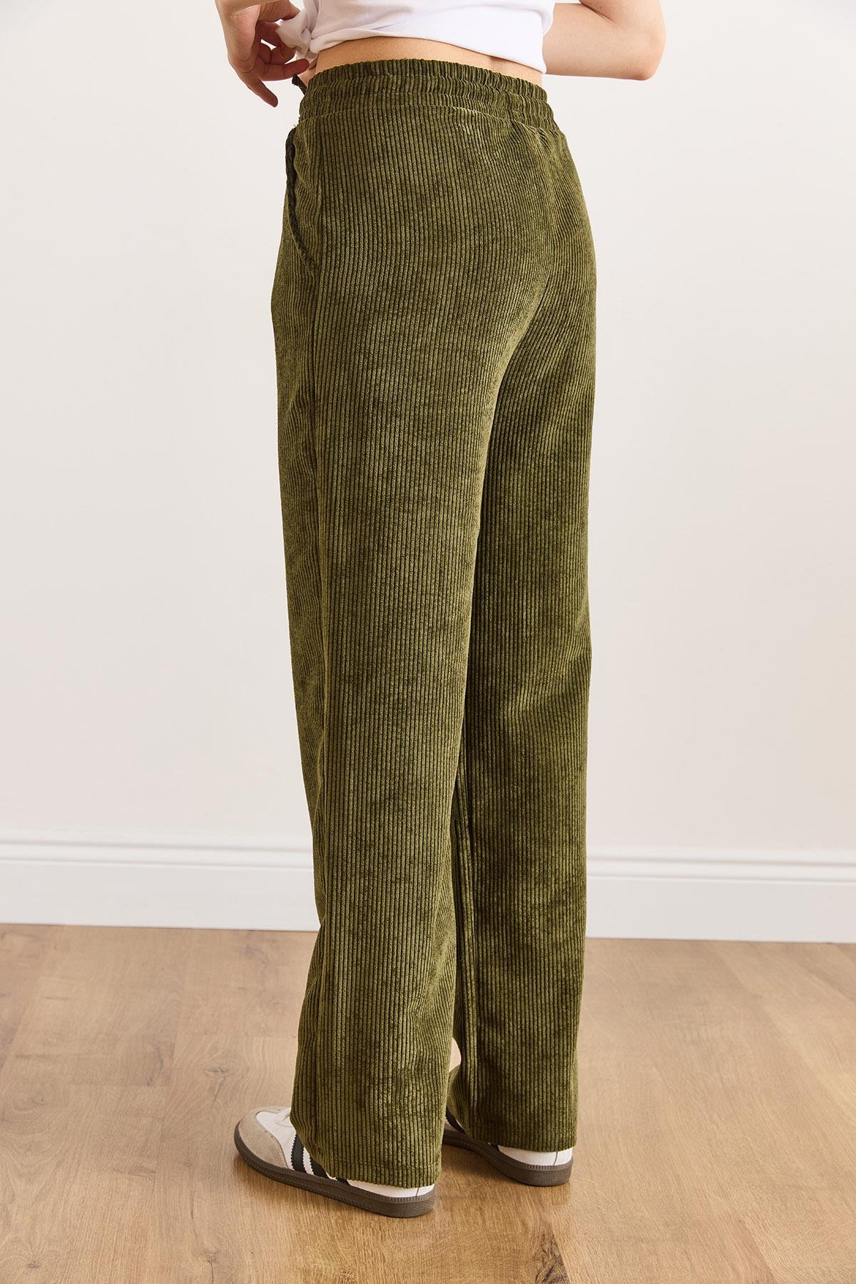 Kadife Cepli Beli Lastikli Kalın Fitilli  Wide Leg Pantolon Haki