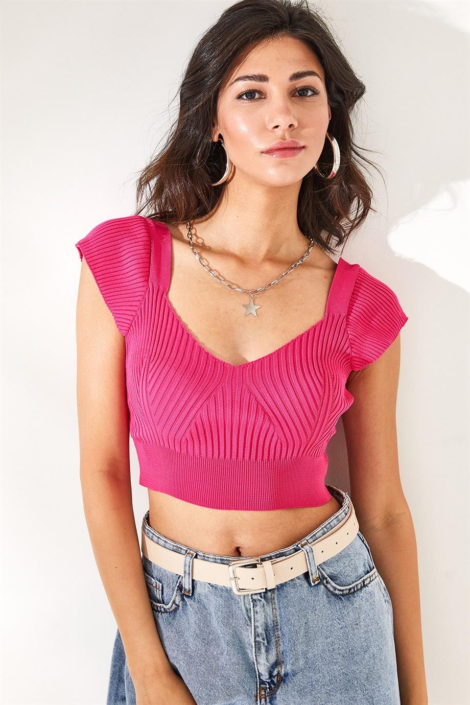 Kalp Yaka Crop Triko Bluz Fuşya