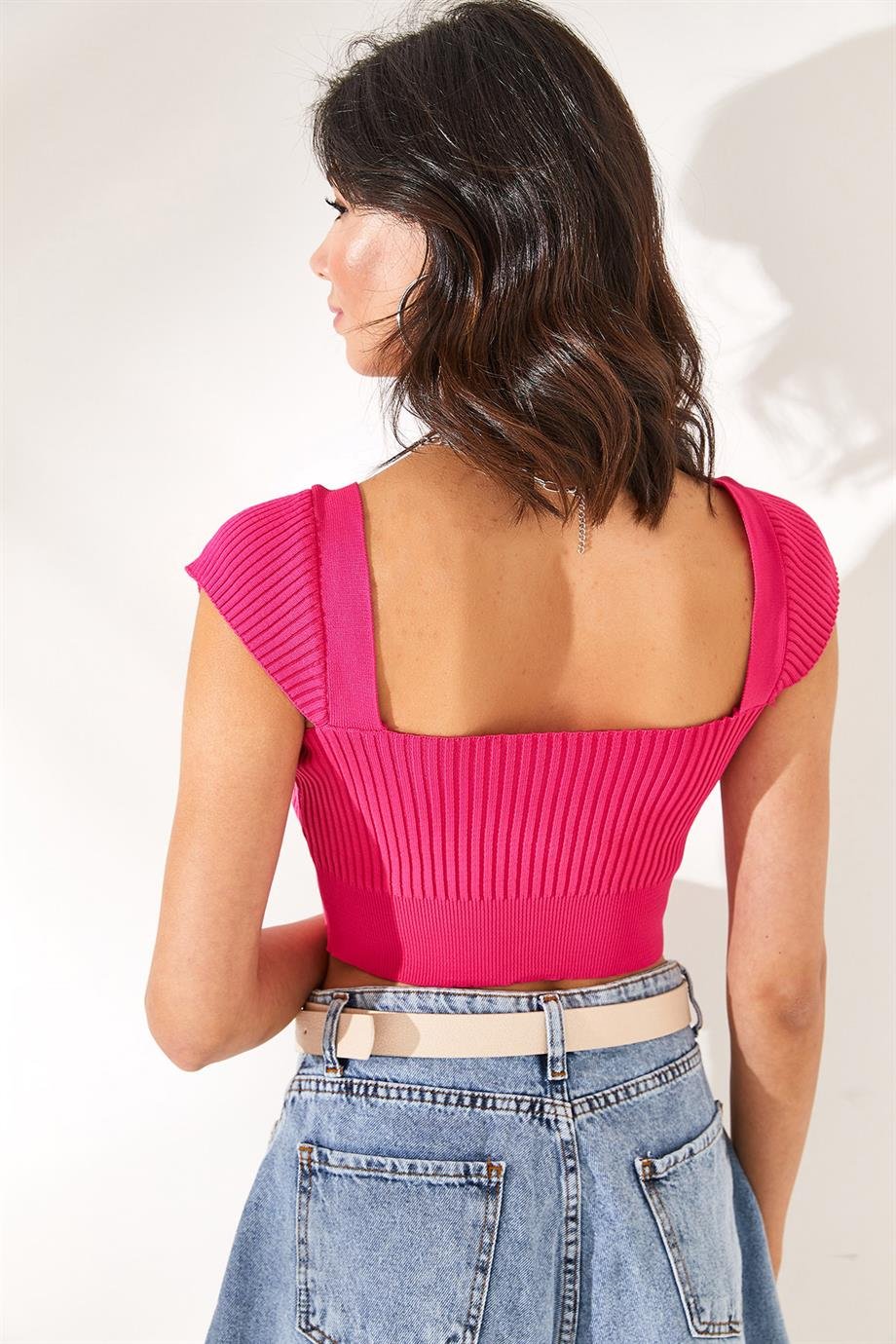 Kalp Yaka Crop Triko Bluz Fuşya