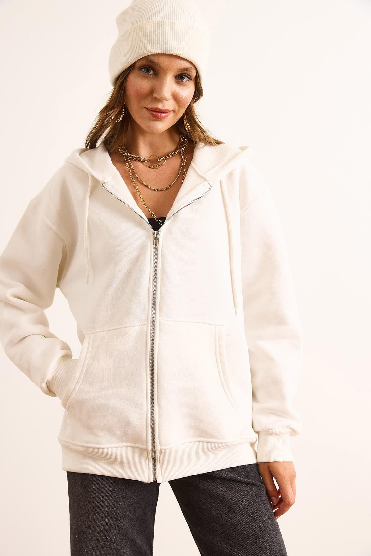 Kapüşonlu Fermuarlı Oversize Şardonlu Sweatshirt Beyaz