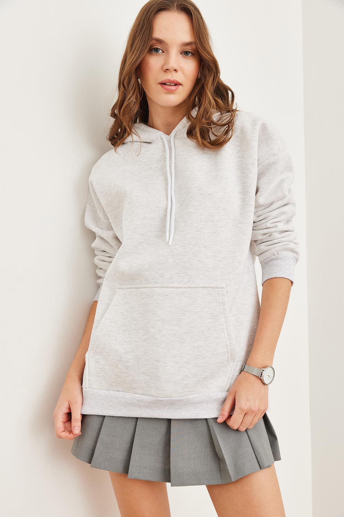 Kapüşonlu Kanguru Cepli Şardonlu Oversize Sweatshirt Gri Melanj