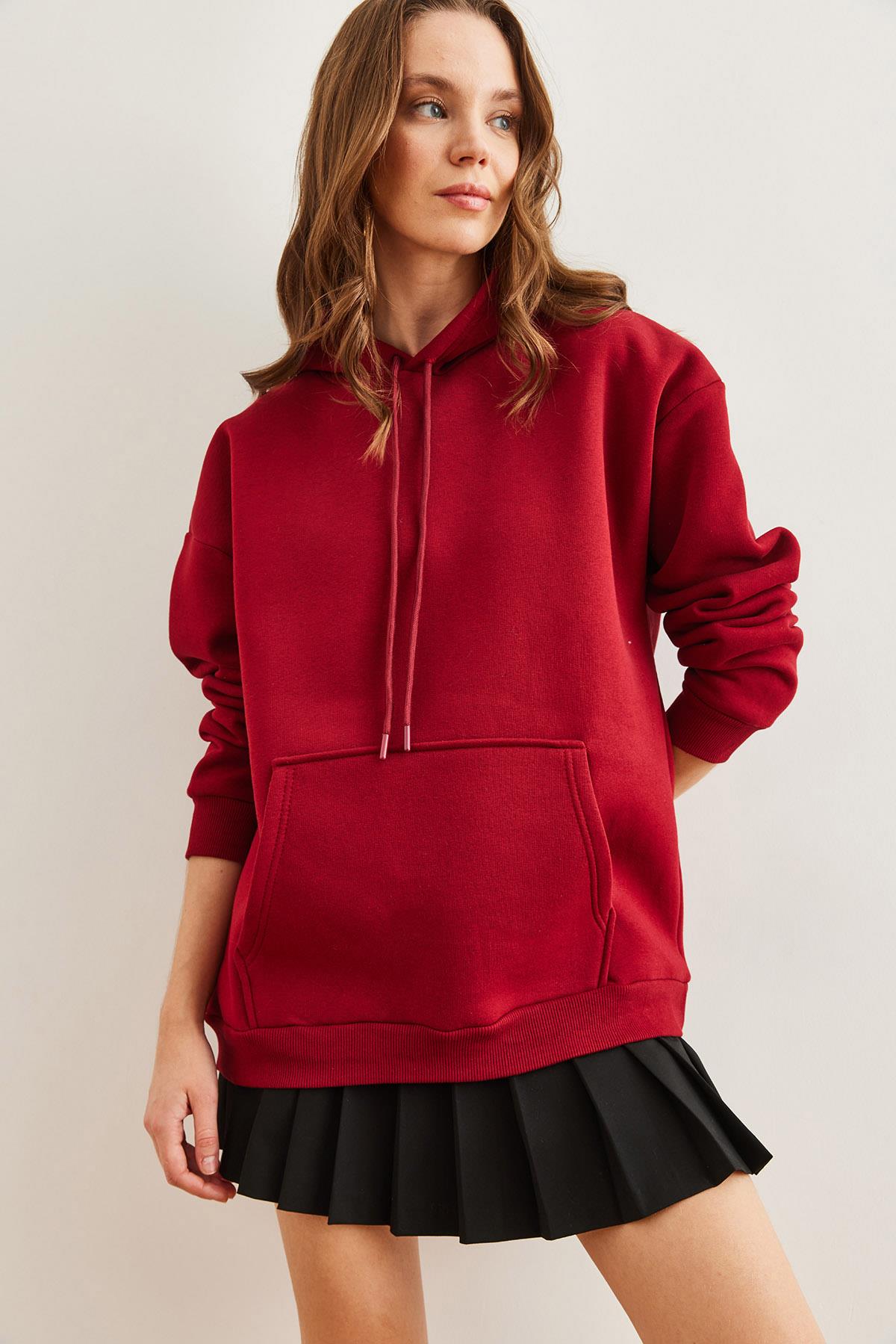Kapüşonlu Kanguru Cepli Şardonlu Oversize Sweatshirt Bordo