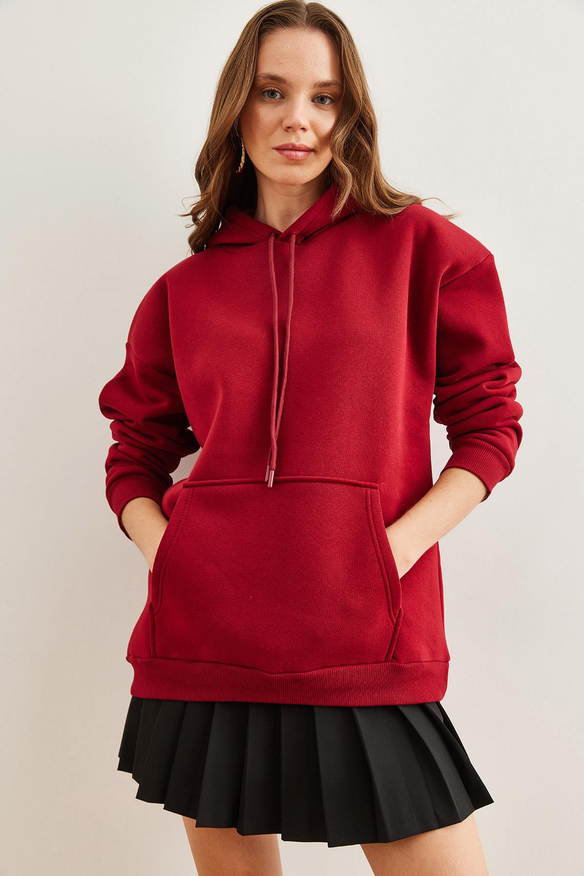 Kapüşonlu Kanguru Cepli Şardonlu Oversize Sweatshirt Bordo
