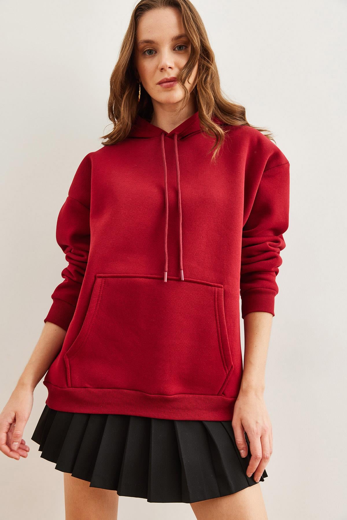 Kapüşonlu Kanguru Cepli Şardonlu Oversize Sweatshirt Bordo