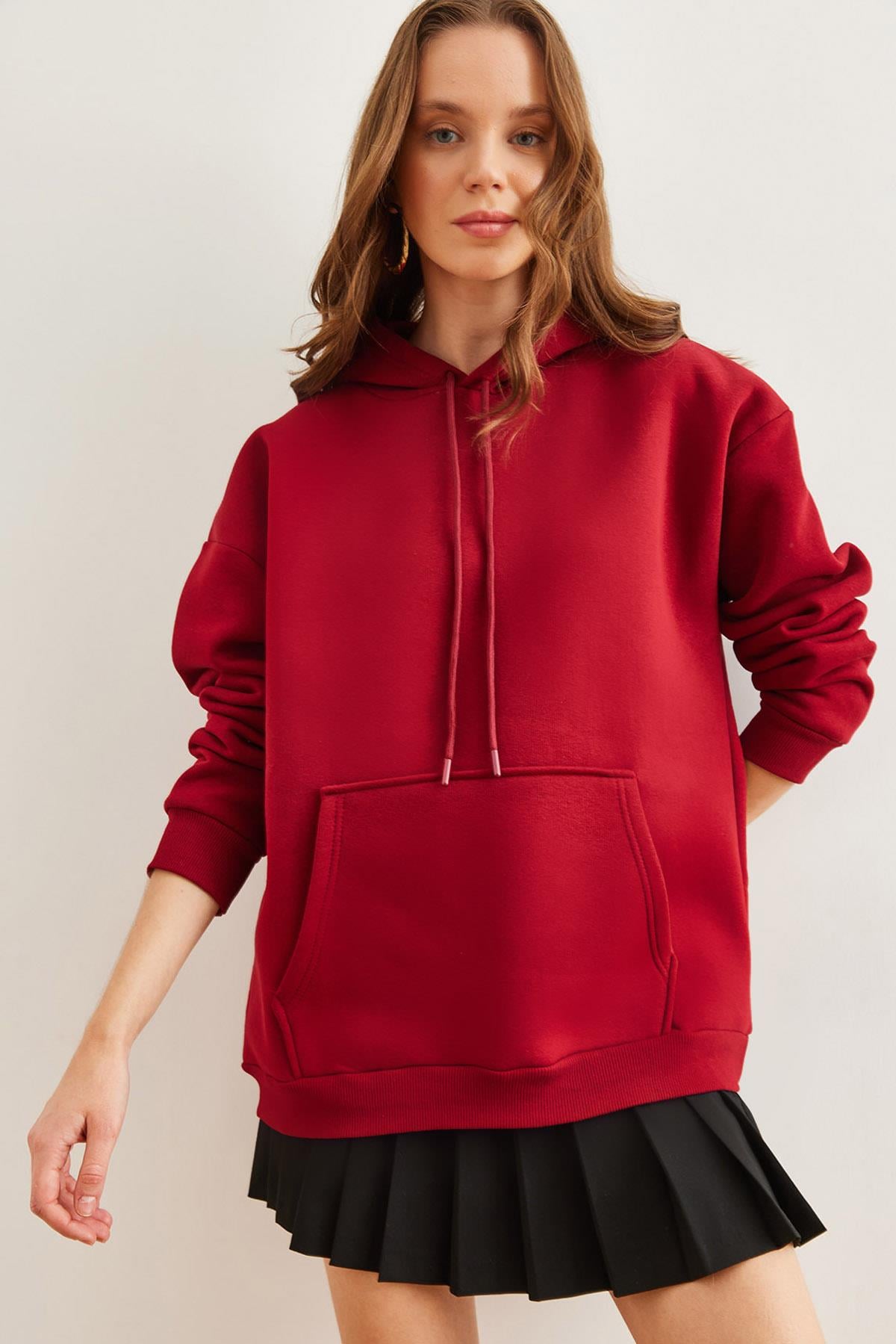 Kapüşonlu Kanguru Cepli Şardonlu Oversize Sweatshirt Bordo