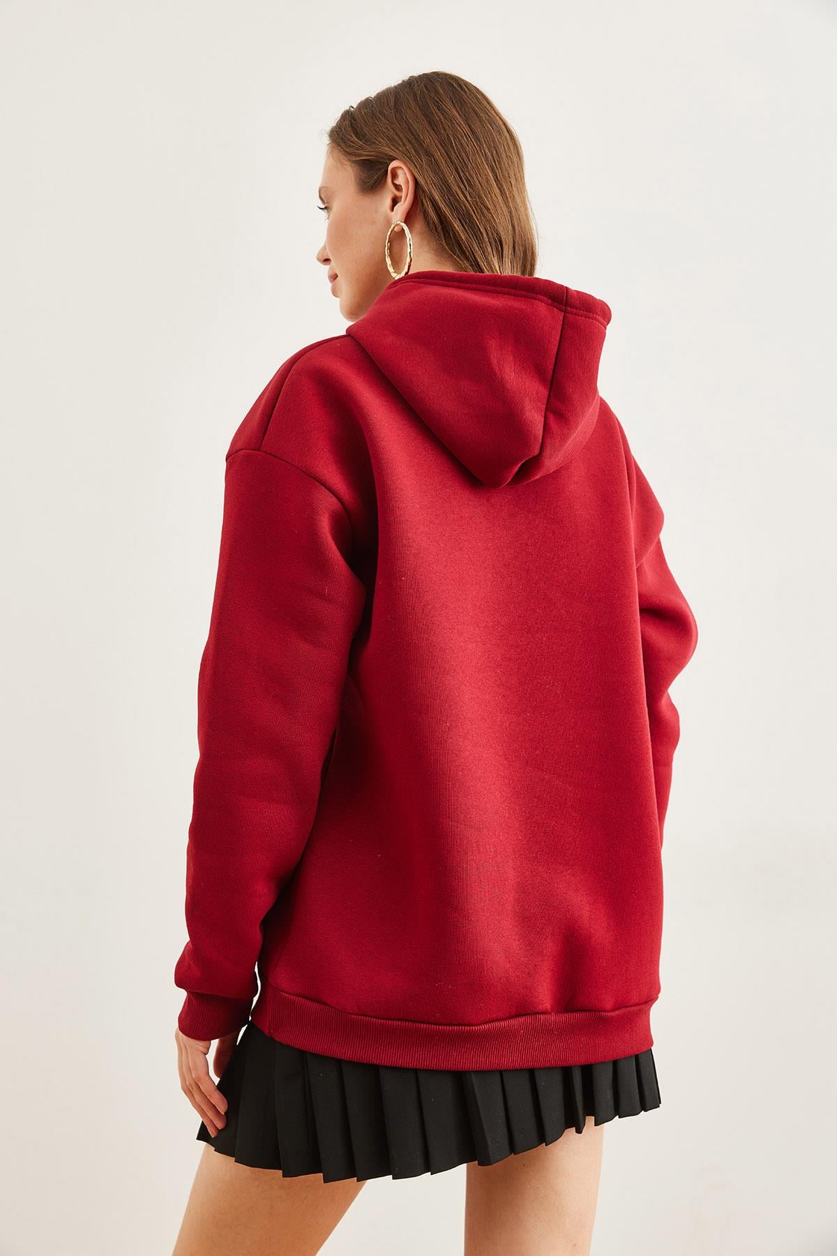 Kapüşonlu Kanguru Cepli Şardonlu Oversize Sweatshirt Bordo