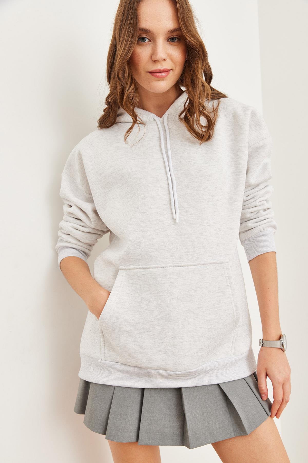 Kapüşonlu Kanguru Cepli Şardonlu Oversize Sweatshirt Gri Melanj