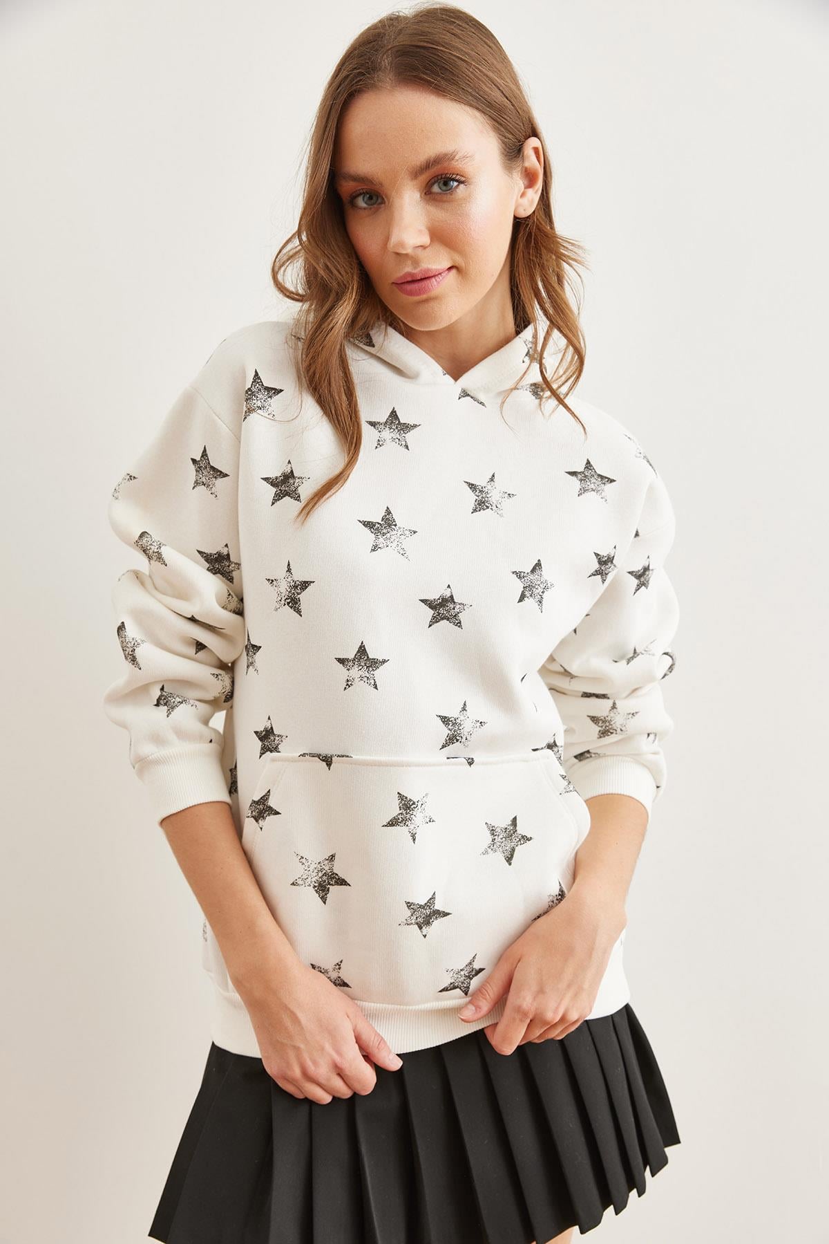 Kapüşonlu Yıldız Baskılı Şardonlu Kalın Sweatshirt Ekru Siyah