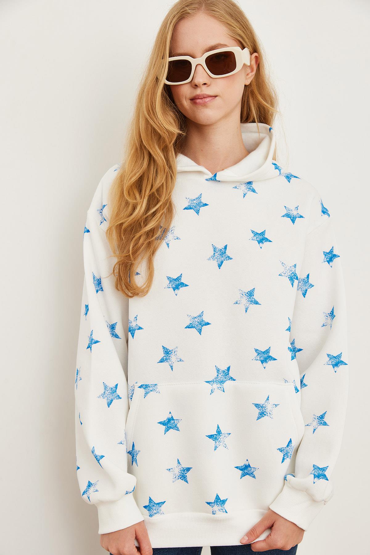 Kapüşonlu Yıldız Baskılı Şardonlu Kalın Sweatshirt Ekru mavi