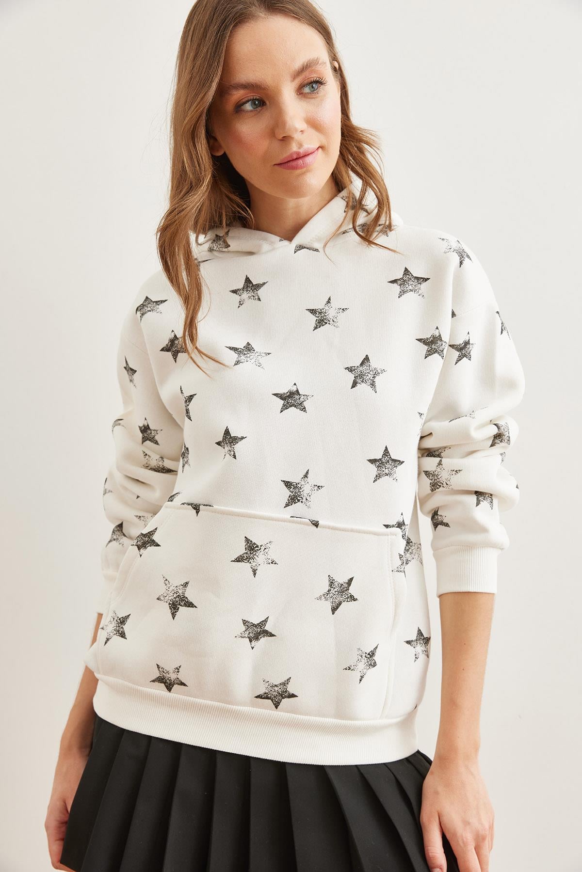 Kapüşonlu Yıldız Baskılı Şardonlu Kalın Sweatshirt Ekru Siyah