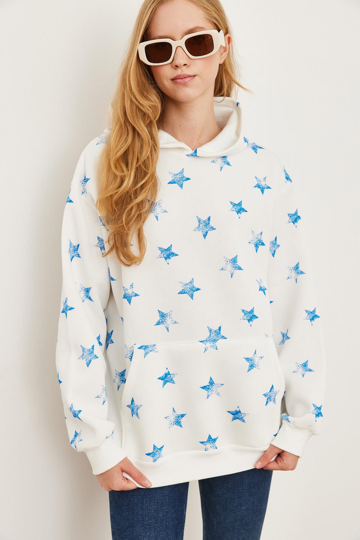 Kapüşonlu Yıldız Baskılı Şardonlu Kalın Sweatshirt Ekru mavi