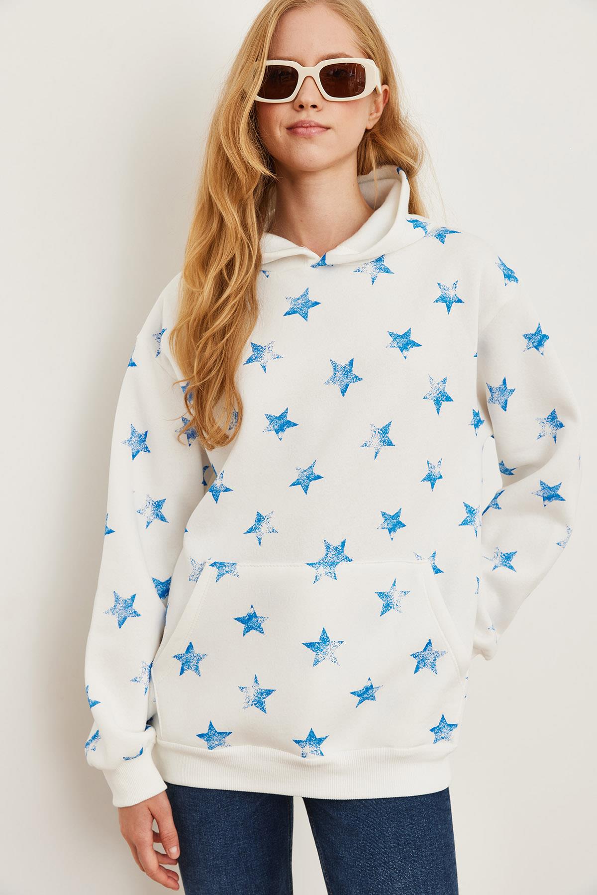 Kapüşonlu Yıldız Baskılı Şardonlu Kalın Sweatshirt Ekru mavi