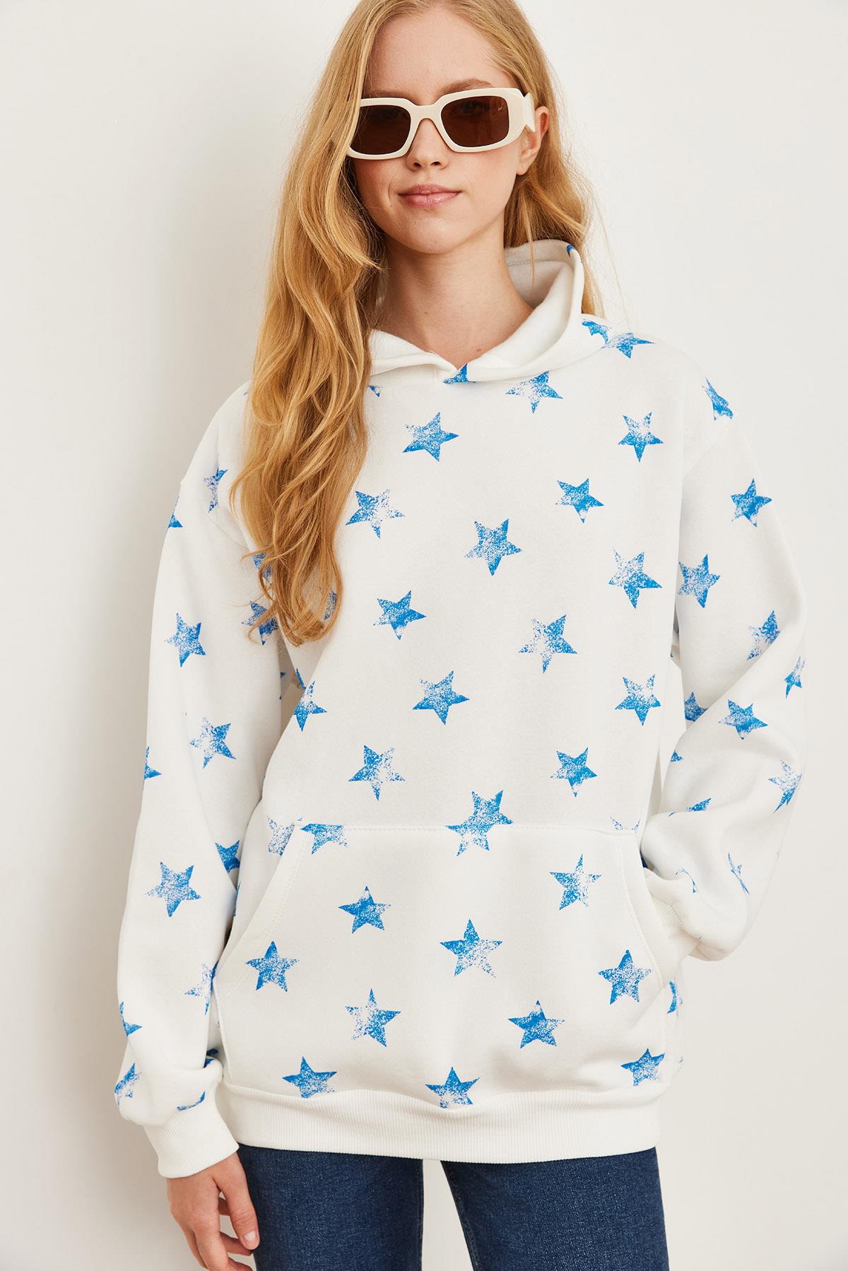 Kapüşonlu Yıldız Baskılı Şardonlu Kalın Sweatshirt Ekru mavi