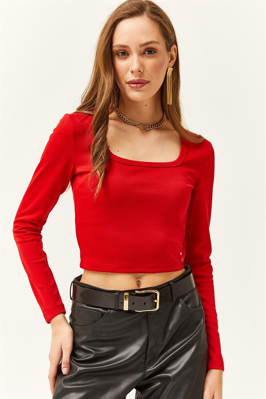 Kare Yaka Basic Crop Bluz Kırmızı