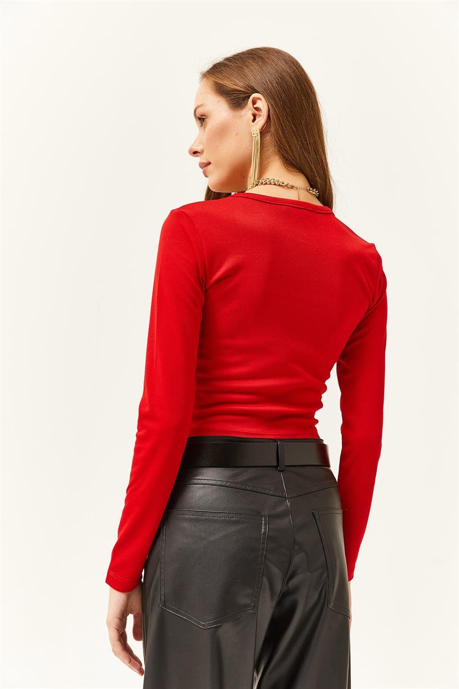 Kare Yaka Basic Crop Bluz Kırmızı