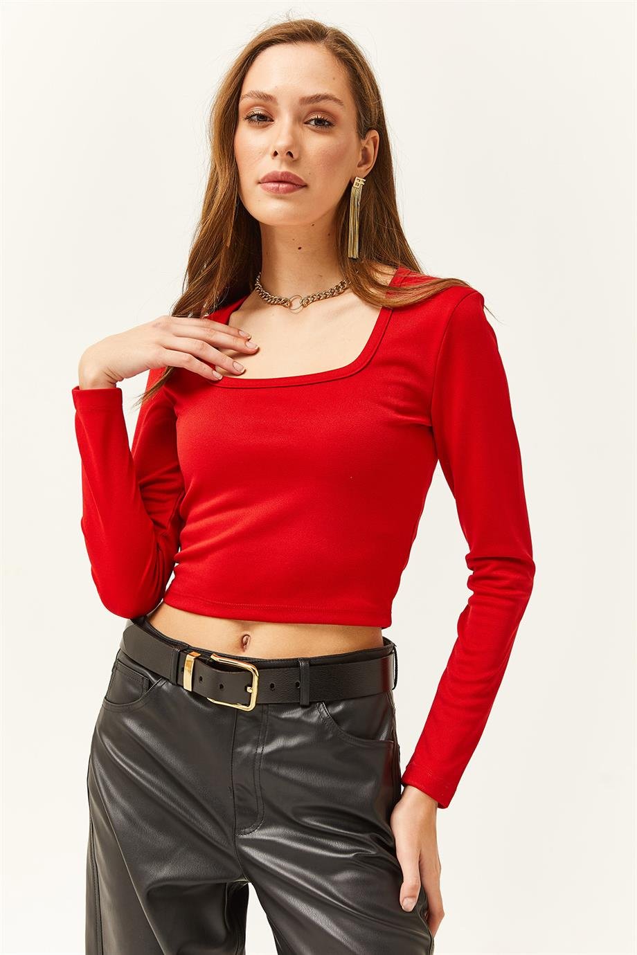Kare Yaka Basic Crop Bluz Kırmızı