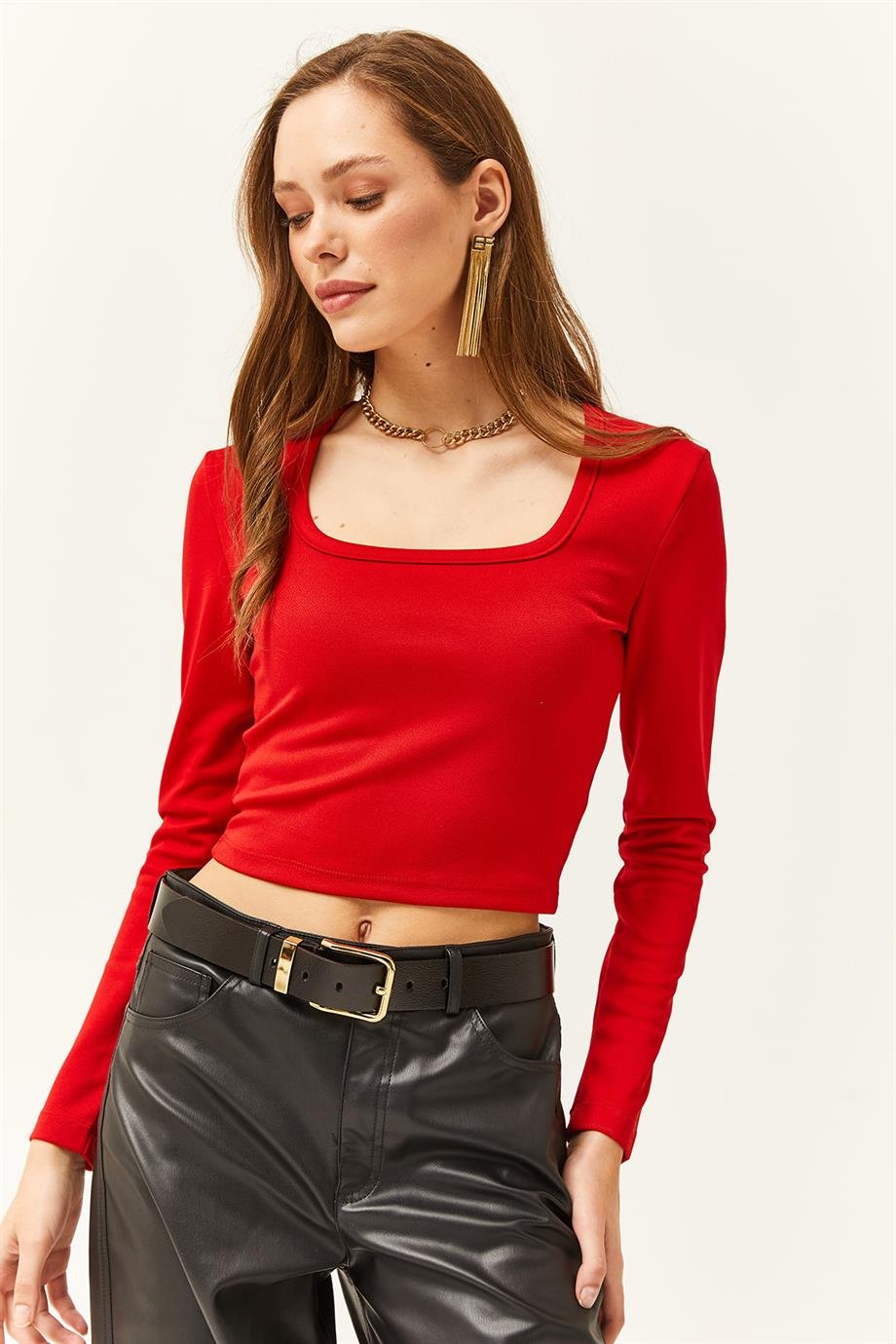 Kare Yaka Basic Crop Bluz Kırmızı