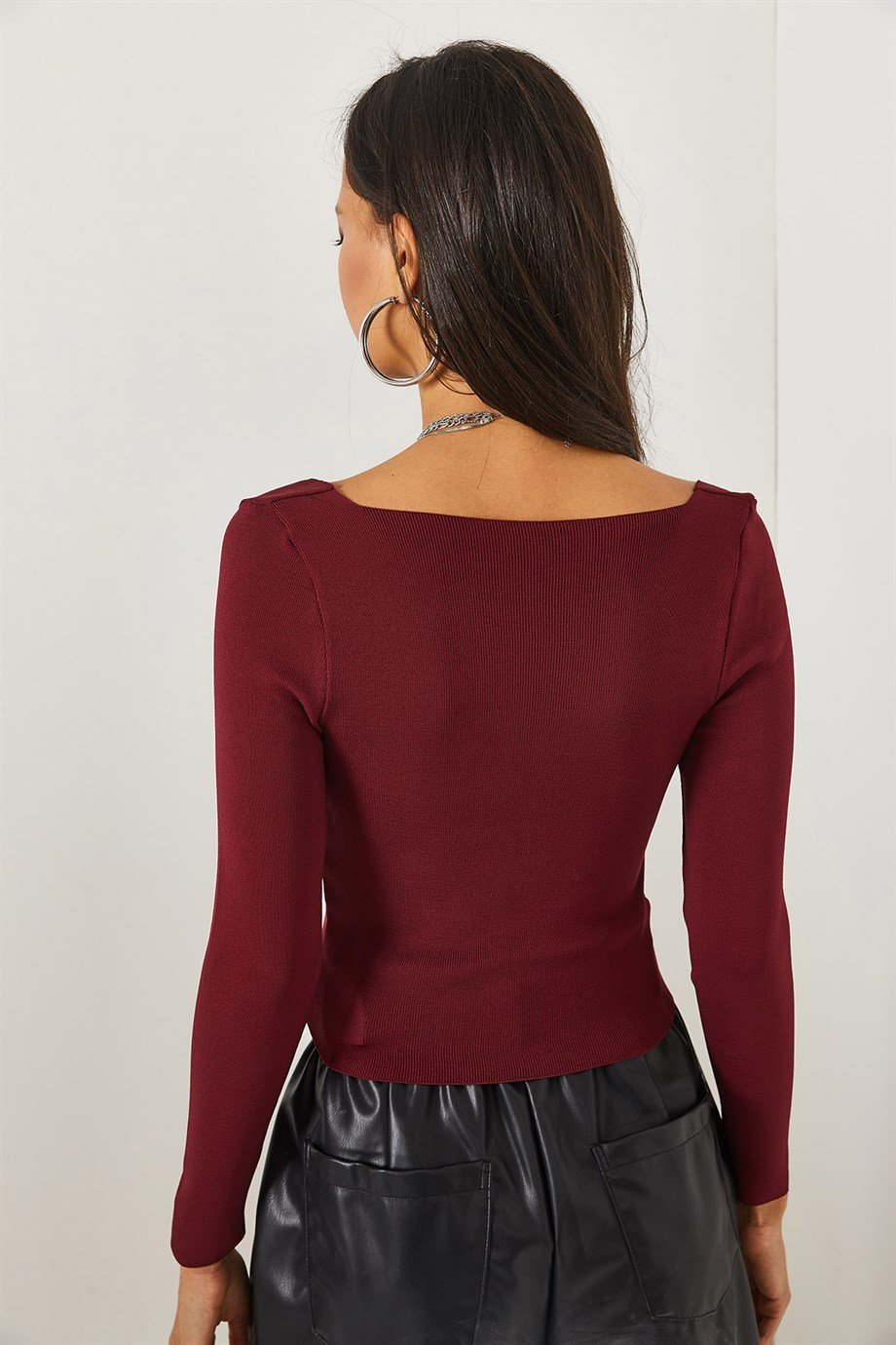 Kare Yaka Basic Triko Bluz Bordo