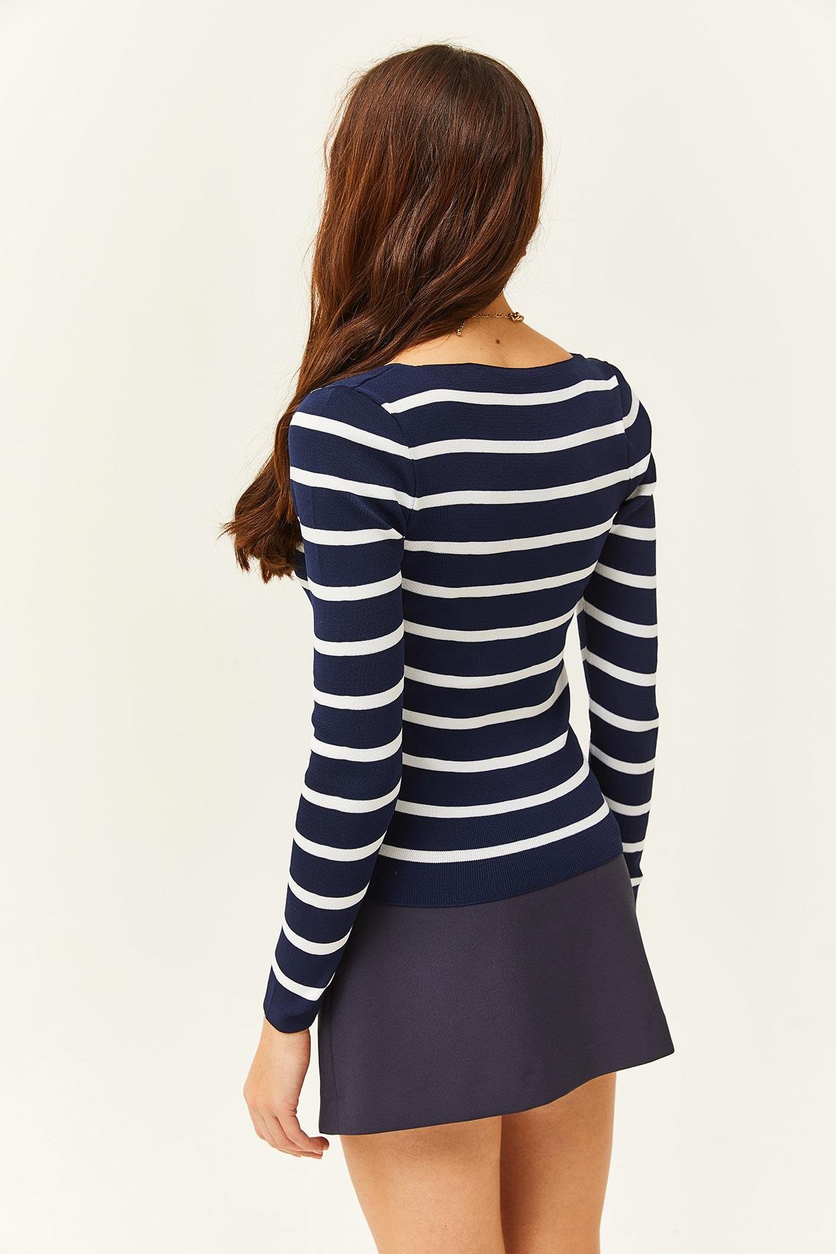 Kare Yaka Crop Basic Triko Bluz Çizgili Lacivert