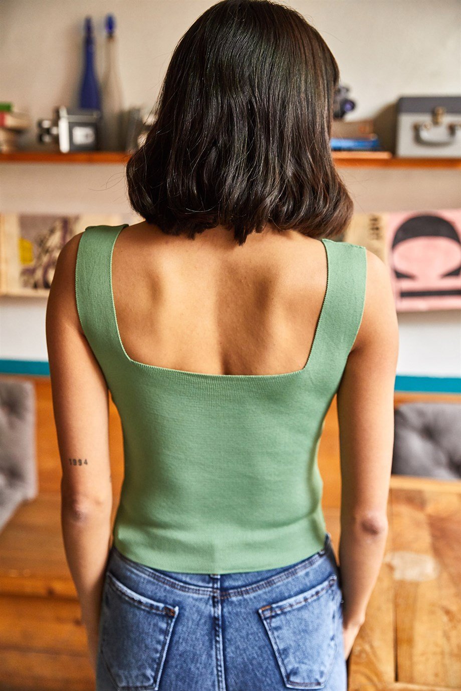 Kare Yaka Crop Triko Bluz Çağla Yeşili