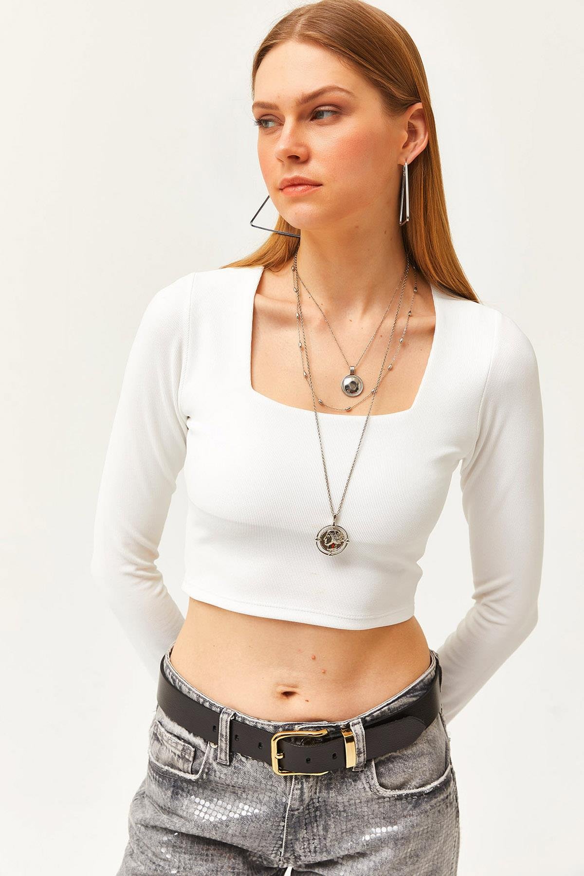 Kare Yaka Likralı Crop Ottoman Bluz Ekru