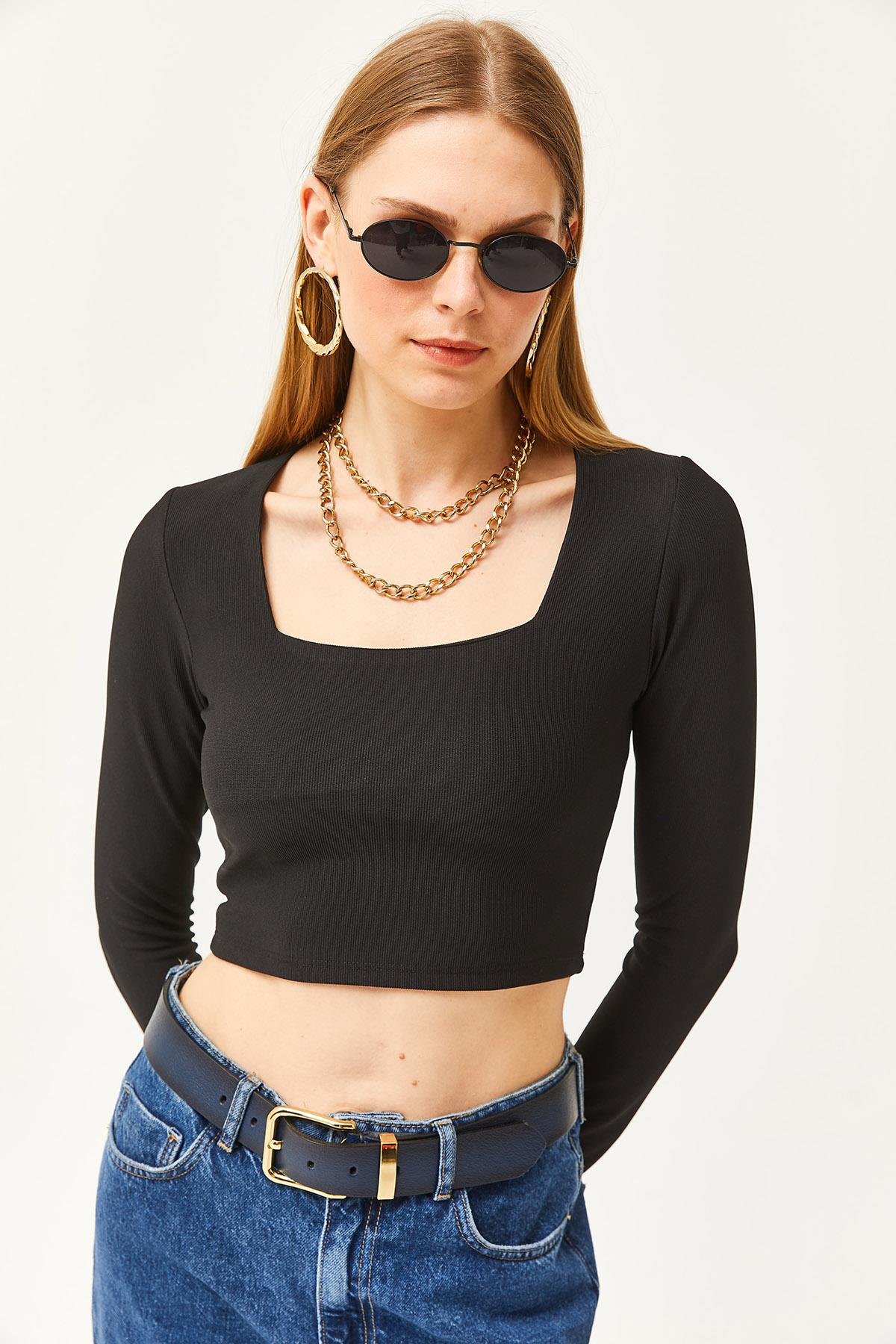 Kare Yaka Likralı Crop Ottoman Bluz Siyah