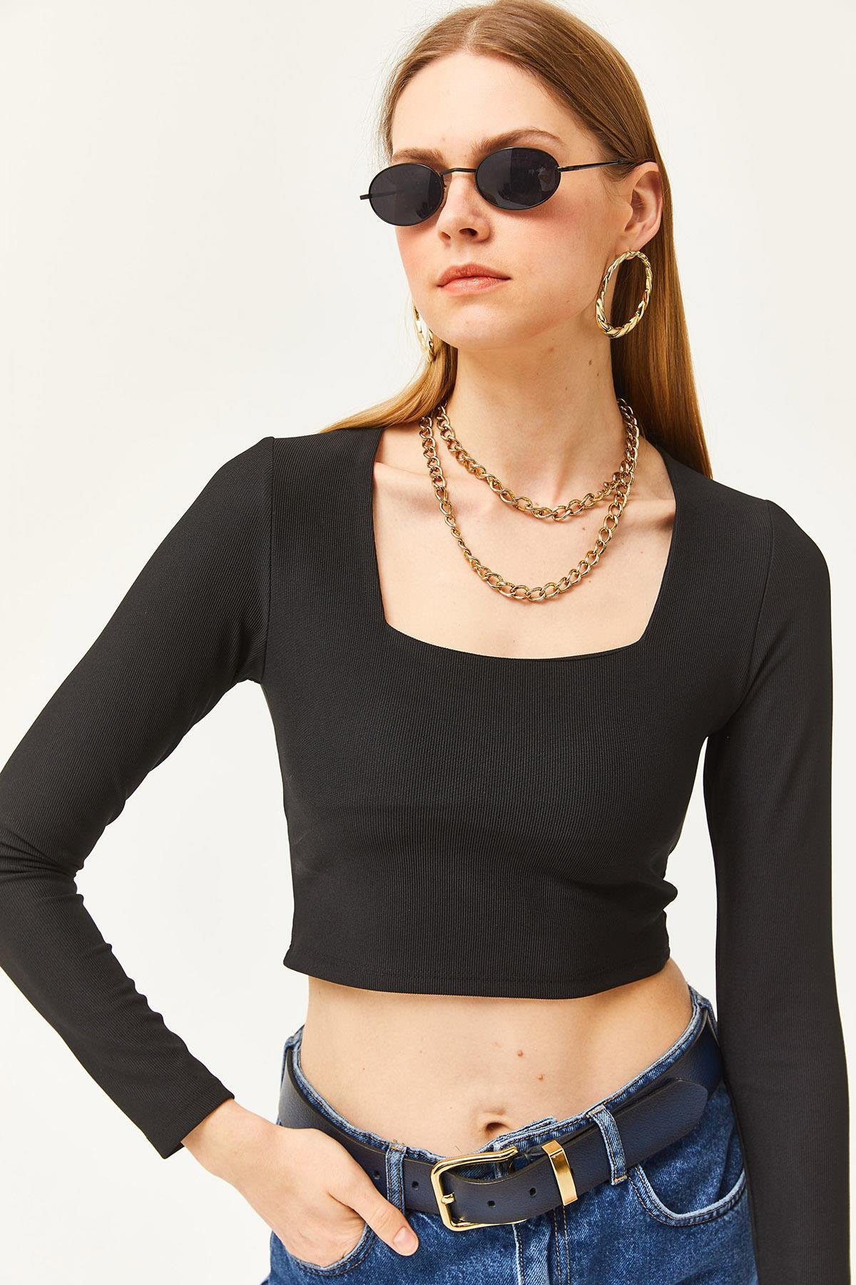 Kare Yaka Likralı Crop Ottoman Bluz Siyah