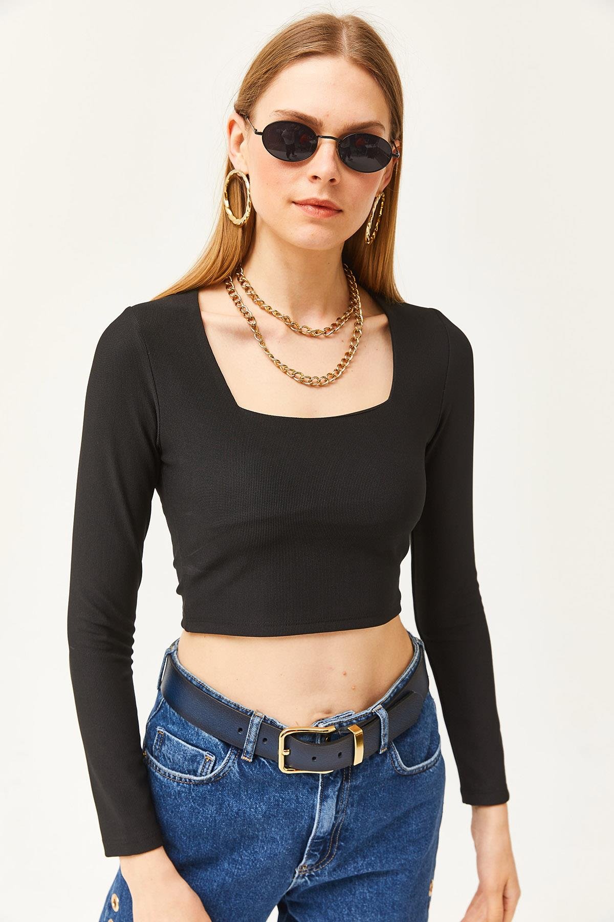 Kare Yaka Likralı Crop Ottoman Bluz Siyah