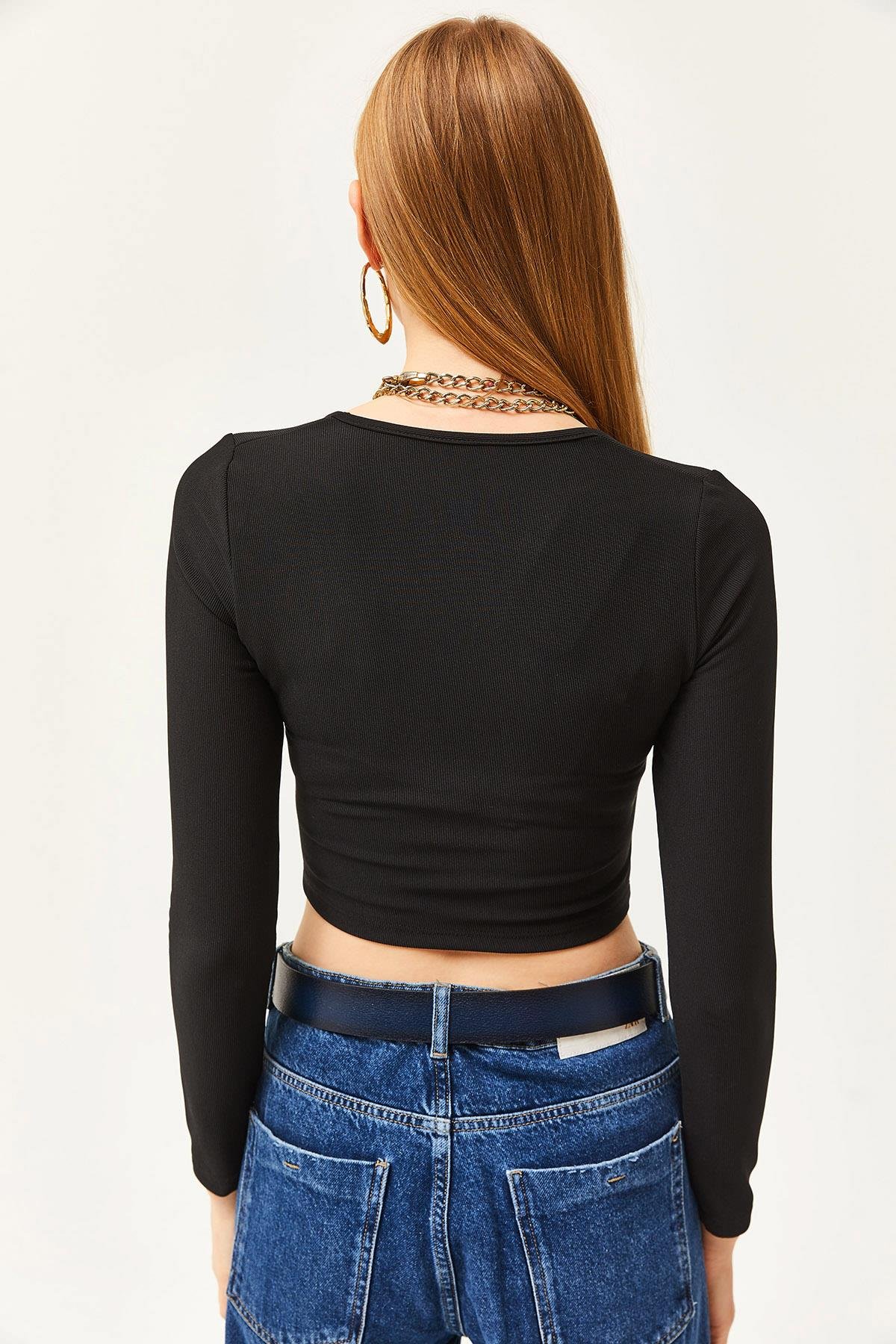 Kare Yaka Likralı Crop Ottoman Bluz Siyah