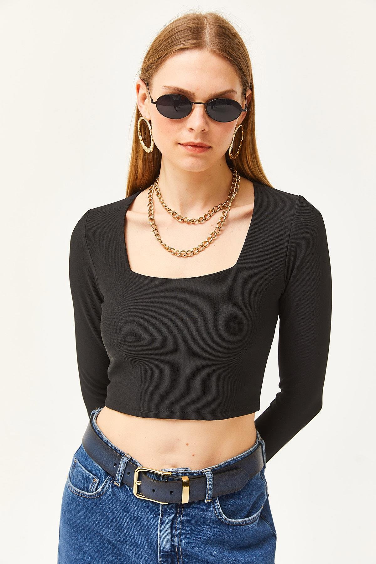 Kare Yaka Likralı Crop Ottoman Bluz Siyah