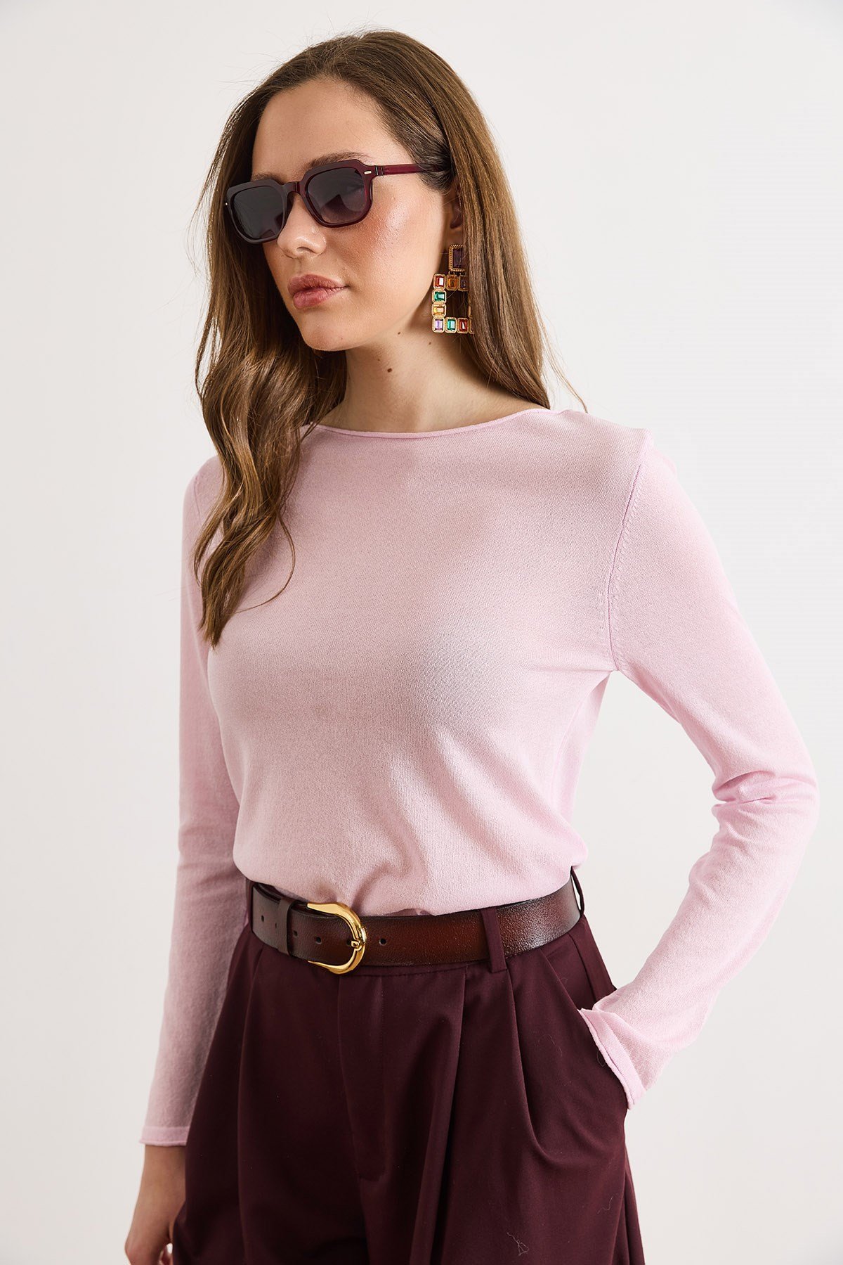 Kayık Yaka Transparan Mevsimlik Triko Bluz Pembe