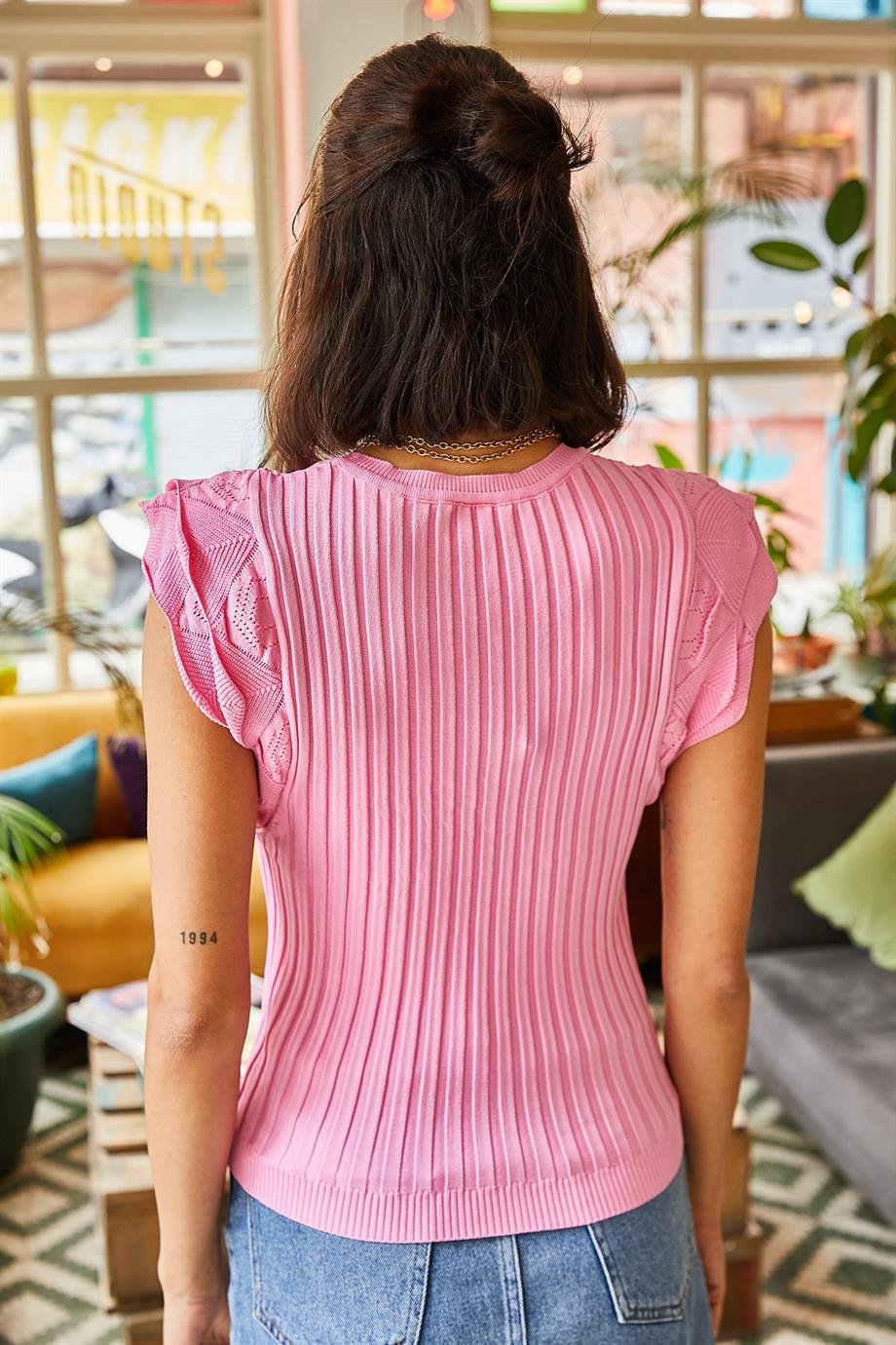 Kelebek Kol V Yaka Yazlık Triko Bluz Şeker Pembe