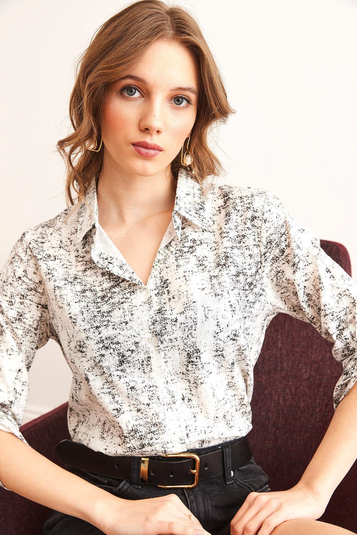 Kol Katlamalı Keten Gömlek Sprey Pembe