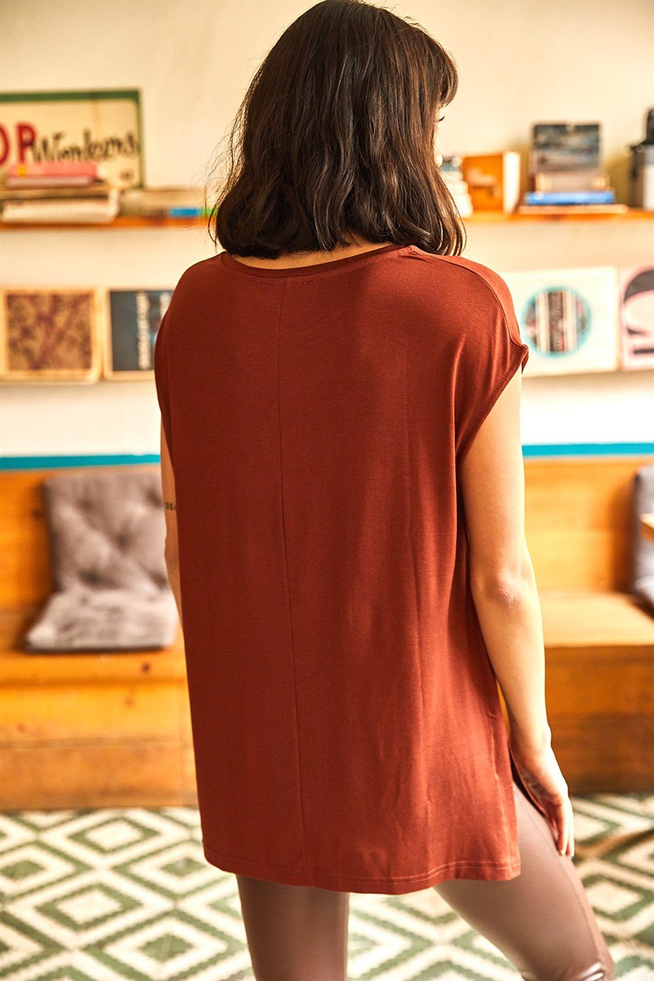 Kolsuz Yanı Yırtmaçlı Oversize Örme Viscon Bluz Kiremit