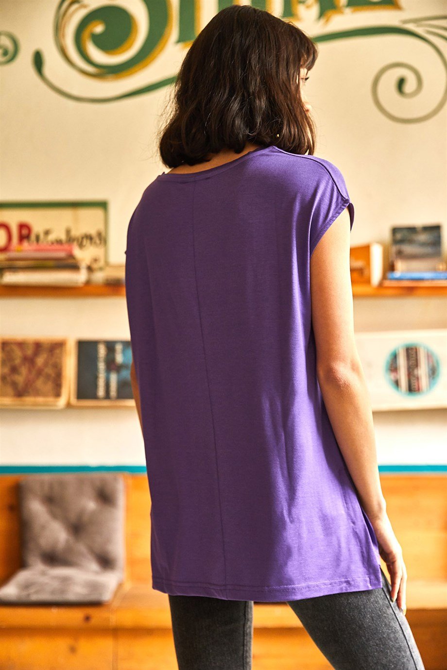 Kolsuz Yanı Yırtmaçlı Oversize Örme Viscon Bluz Mor