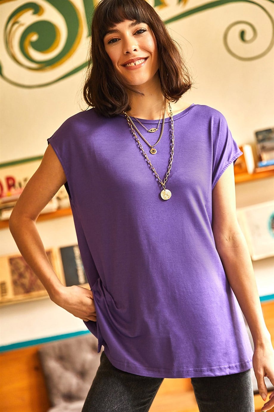 Kolsuz Yanı Yırtmaçlı Oversize Örme Viscon Bluz Mor