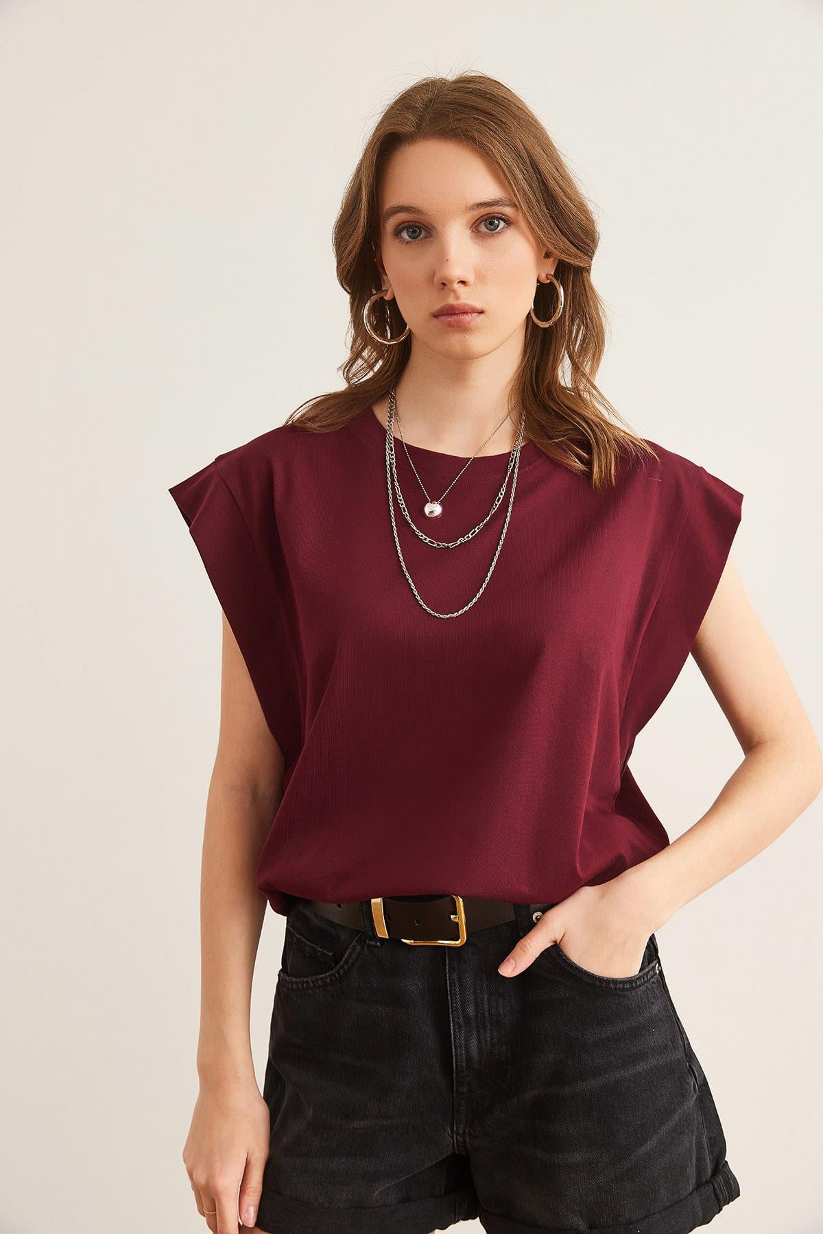 Koltuk Altı Parçalı Yarasa Tişört Bordo