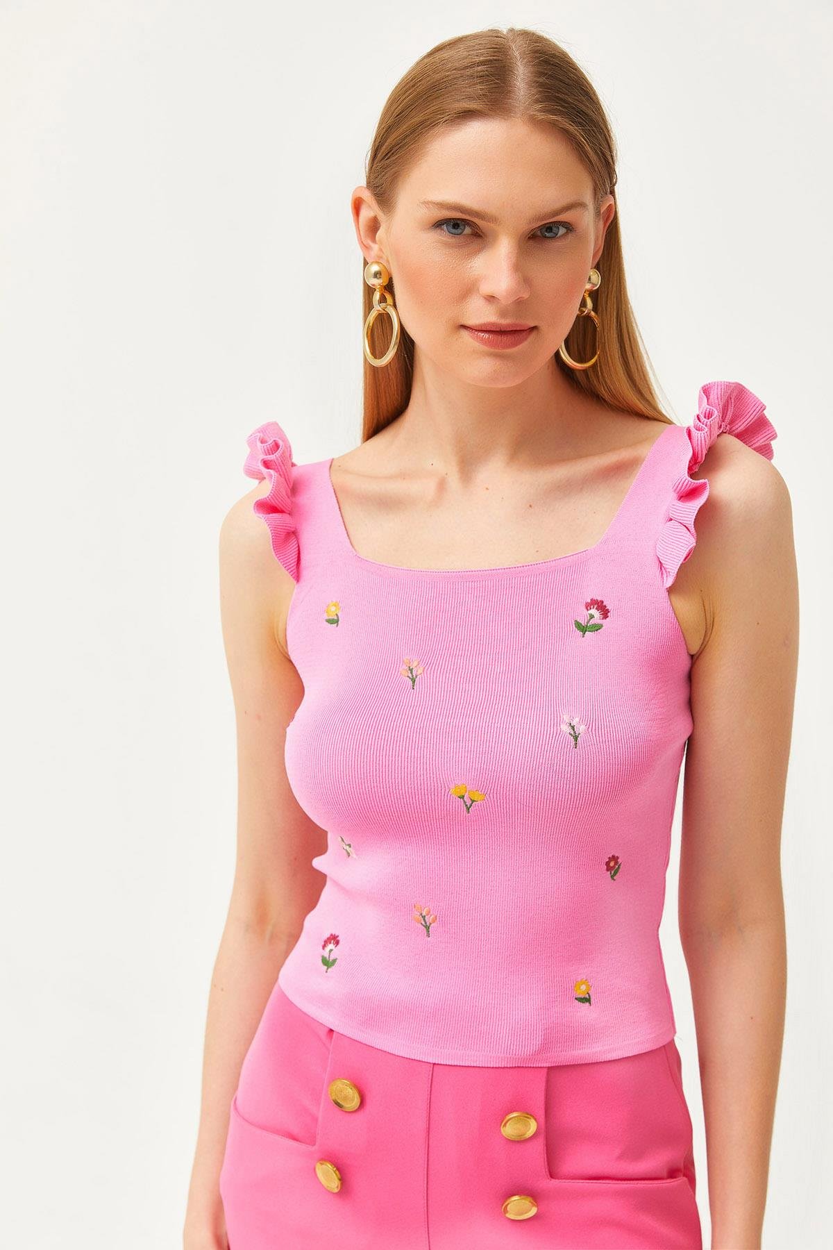 Kolu Fırfırlı Nakış Detaylı Triko Bluz Pembe