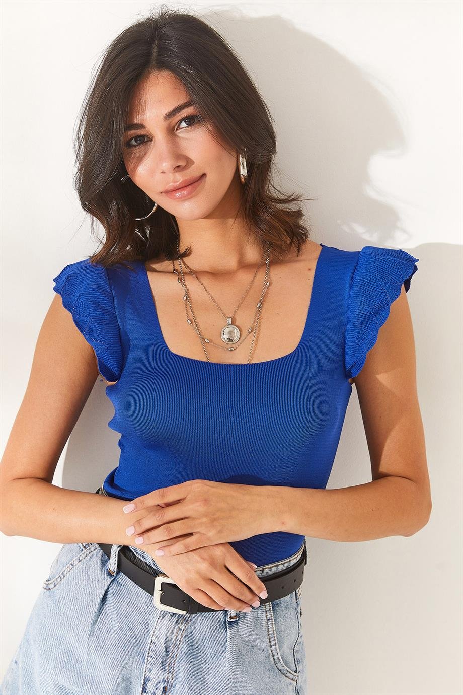Kolu Fırfırlı Yazlık Triko Bluz Saks Mavi