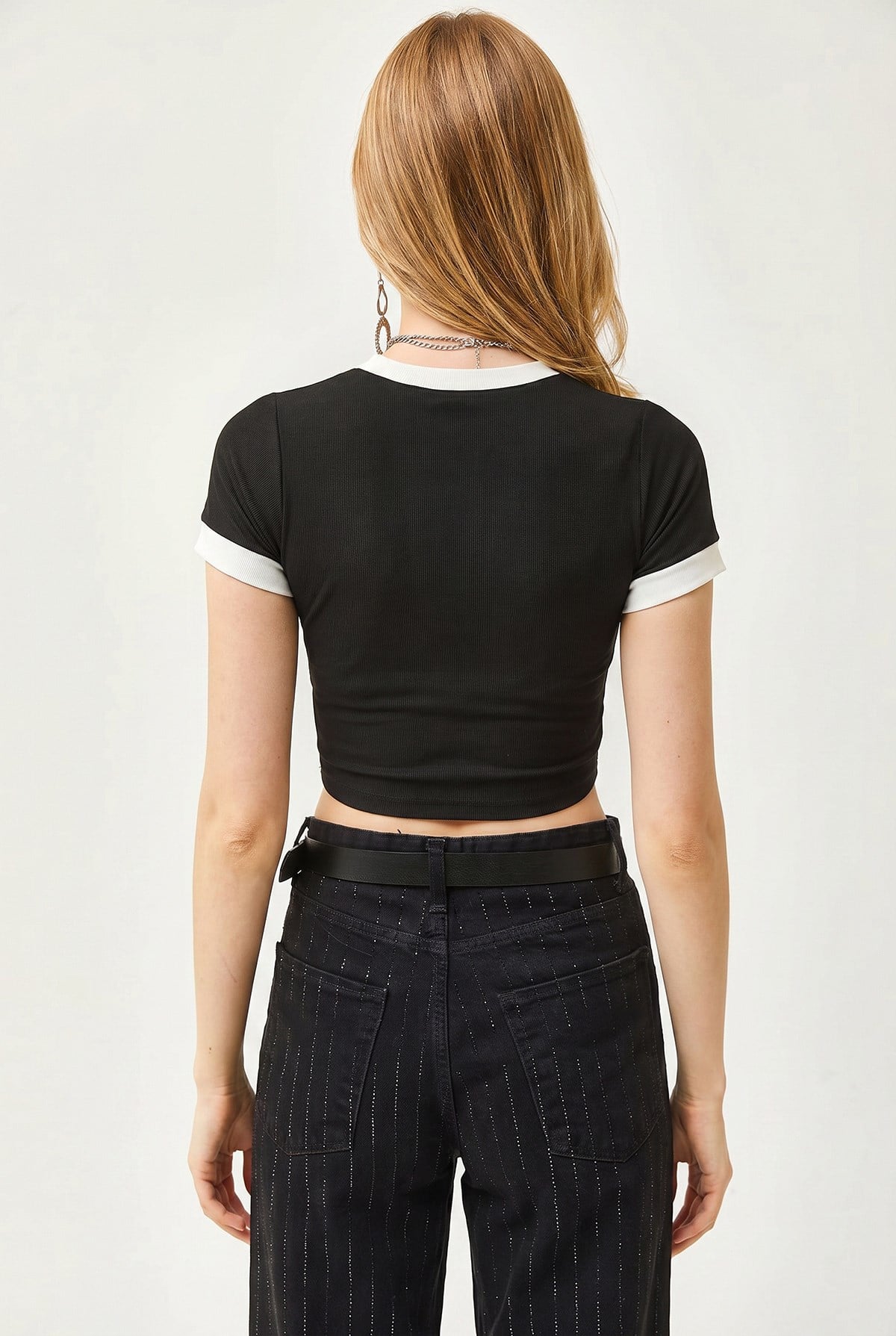 Kontrast Crop Fitilli Bluz Siyah