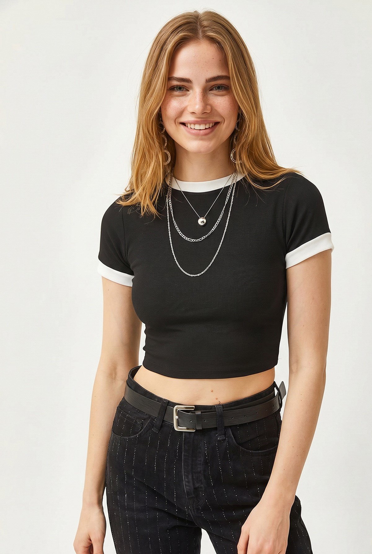 Kontrast Crop Fitilli Bluz Siyah