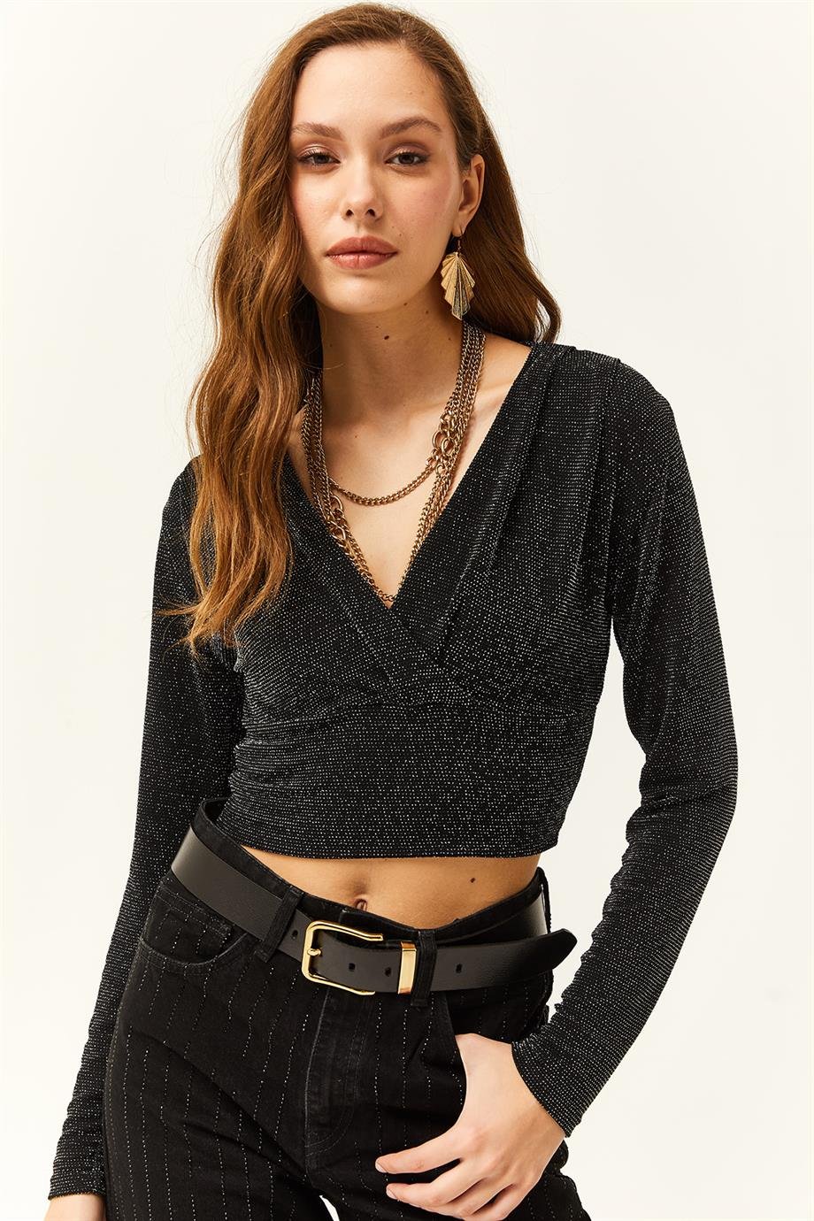Kruvaze Simli Crop Bluz Siyah