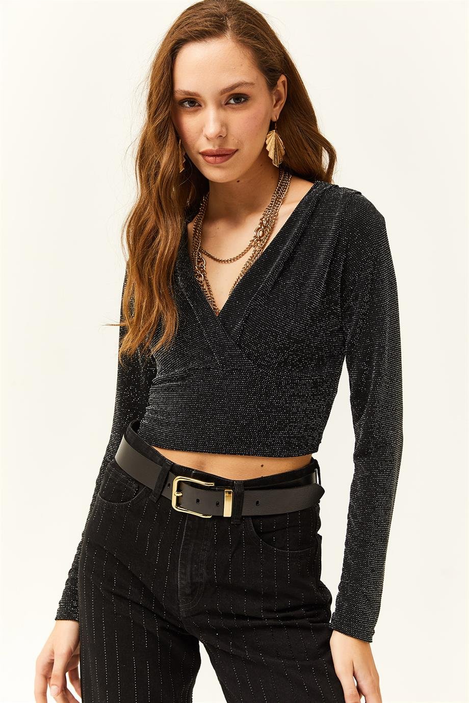 Kruvaze Simli Crop Bluz Siyah