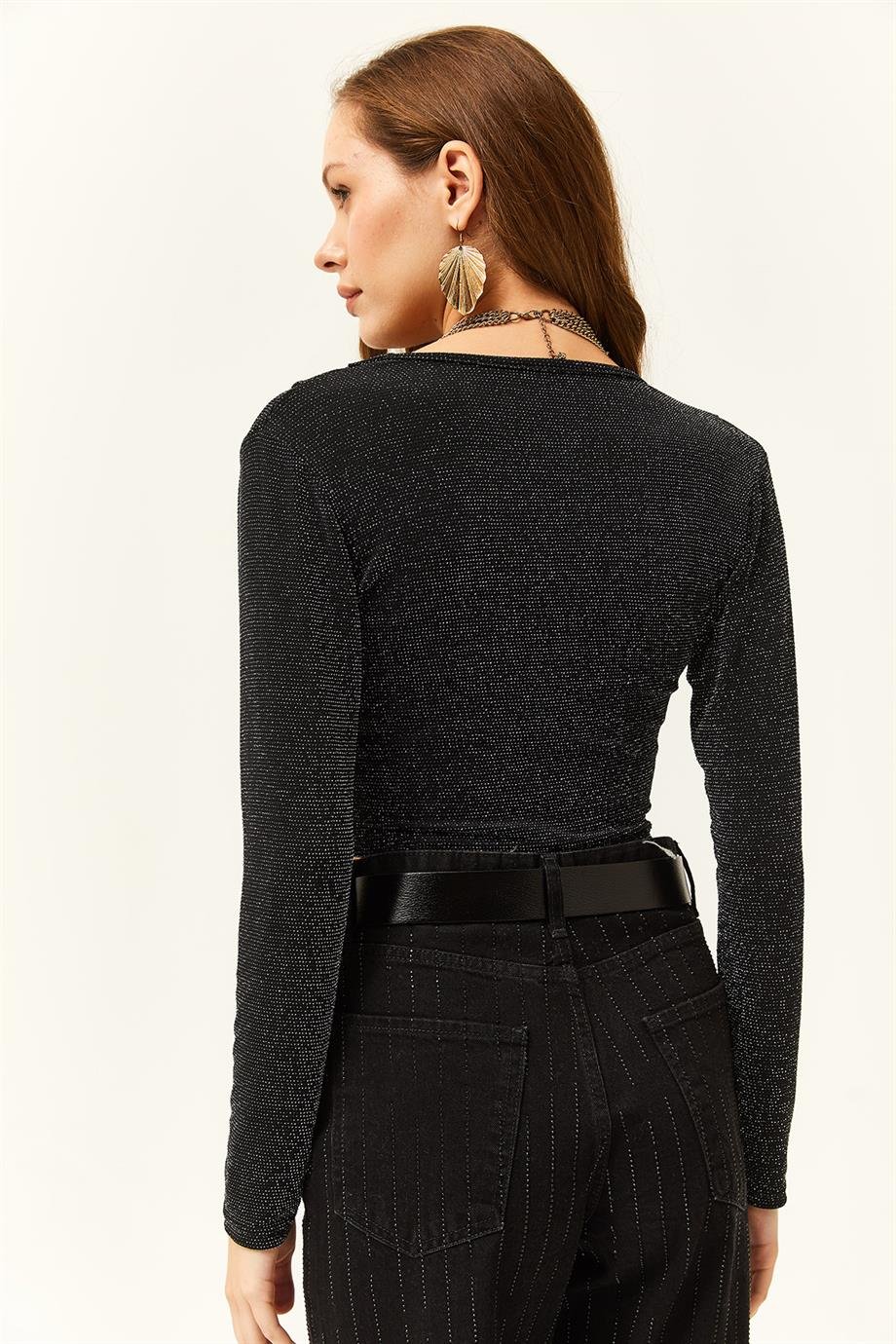 Kruvaze Simli Crop Bluz Siyah