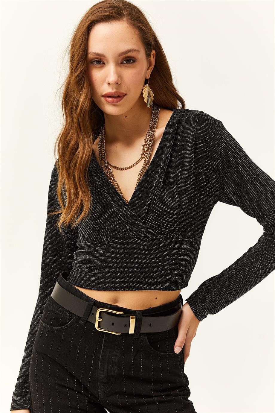 Kruvaze Simli Crop Bluz Siyah