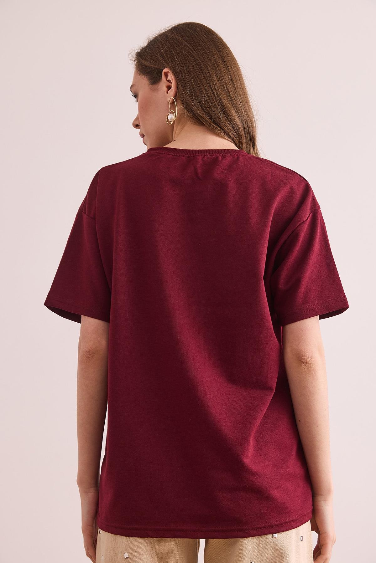 LA Nakışlı Boyfriend 2 İp Tişört Bordo
