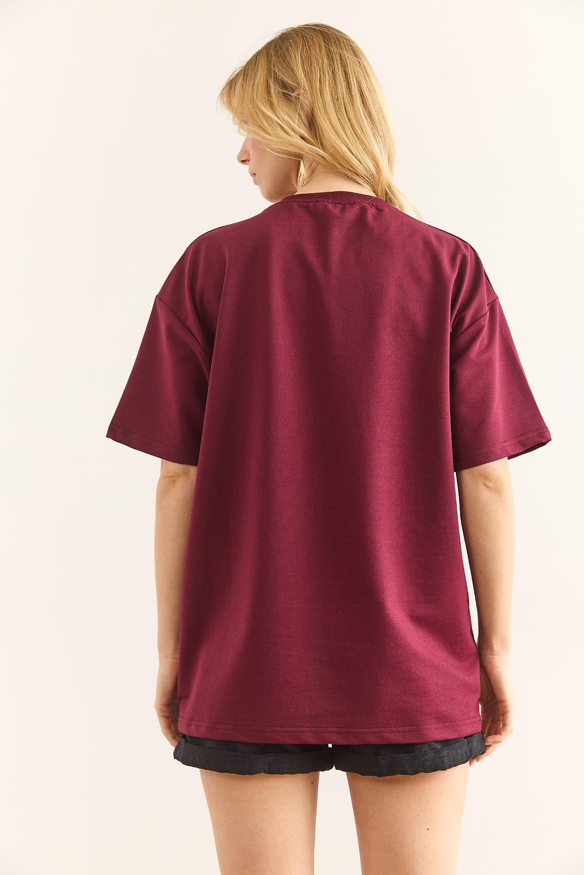 Leopar Fiyonk Detaylı Boyfriend 2 İp Tişört Bordo